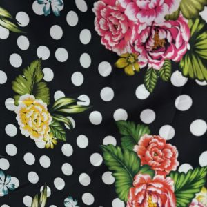 Tela de Flamenca Lunar Blanco con Flores sobre Negro – Politecno