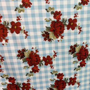 Tela de Flamenca Vichy Celeste con Flores Rojas – Politecno