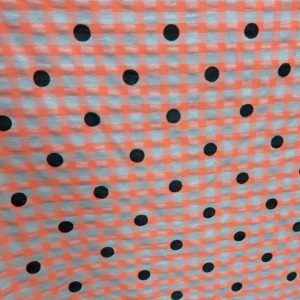 Tela de Flamenca Vichy Naranja Flúor con Blanco y Lunar Negro